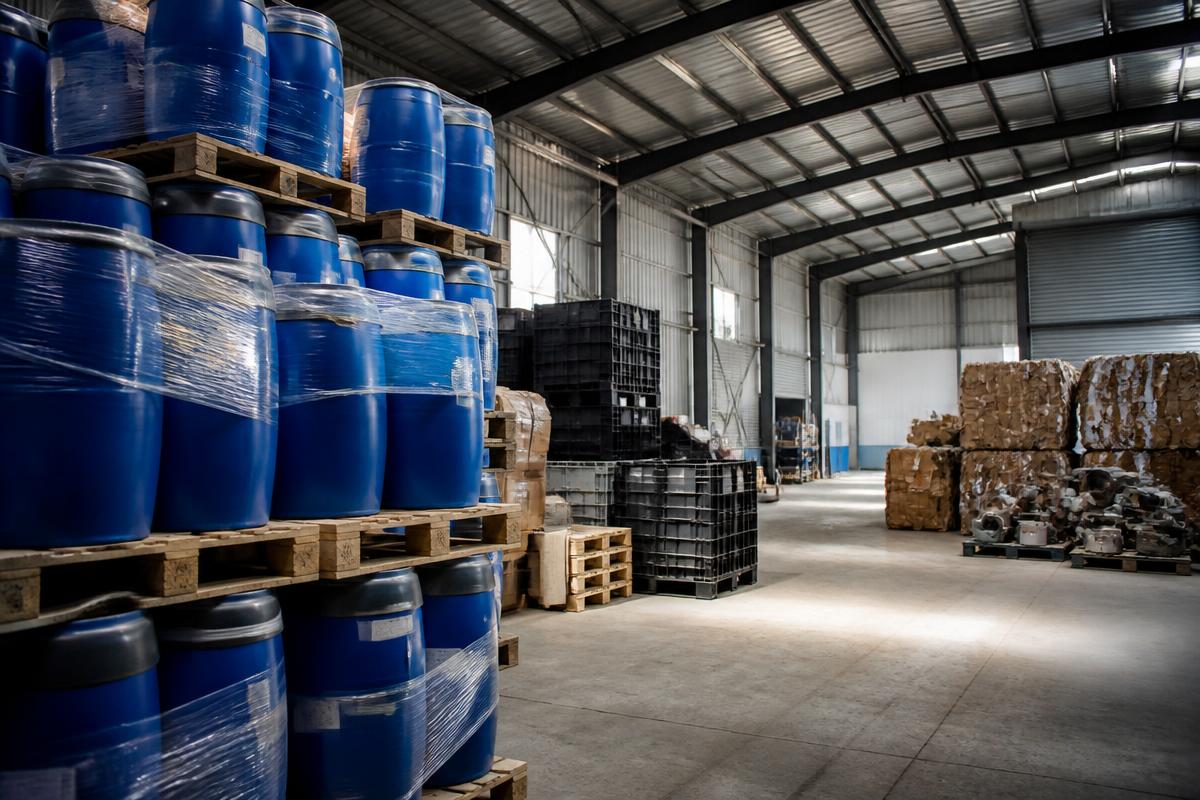 Organised industrial materials warehouse with palletised drums, crates and baled stock